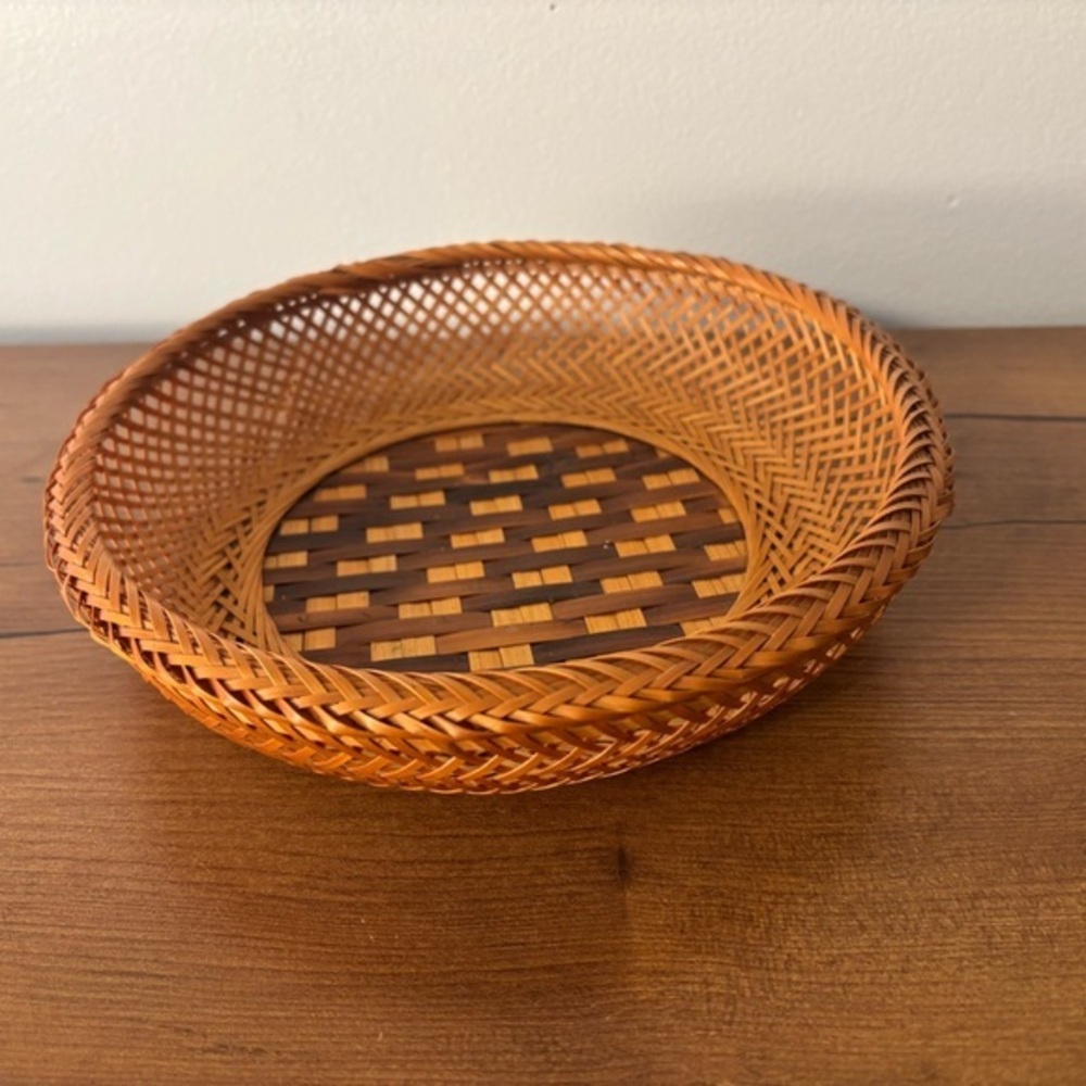 Vintage Small Woven Basket with Checkered Base Wicker Rattan